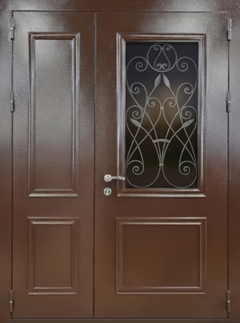 Полуторная входная дверь с остеклением, металлобагетом и ковкой (коричневая порошковая покраска) Полуторная входная дверь с остеклением, металлобагетом и ковкой (коричневая порошковая покраска)