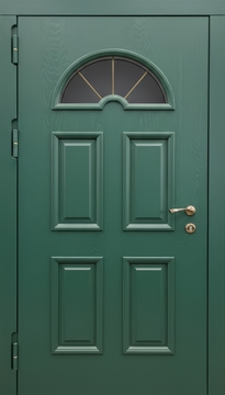 Стальная термодверь с полукруглым стеклом и зелеными панелями МДФ с багетом Стальная термодверь с полукруглым стеклом и зелеными панелями МДФ с багетом