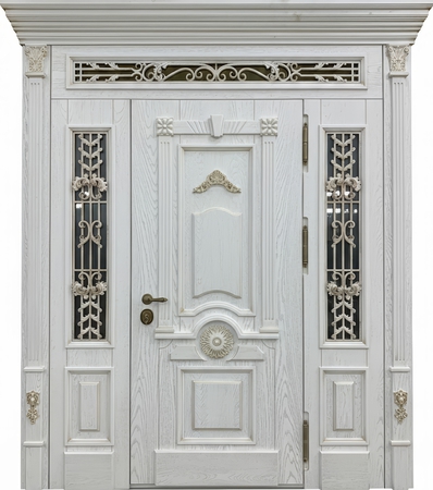 Парадная входная группа с терморазрывом, капителями, ковкой, стеклами и МДФ белого цвета со шпоном